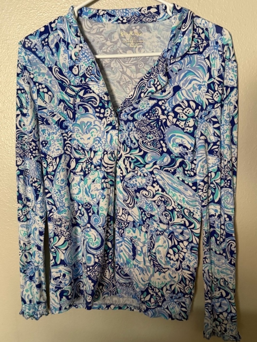 Lilly Pulitzer Animal Print  Button Front Ruffle Pajama Top Women’s XXS Preppy